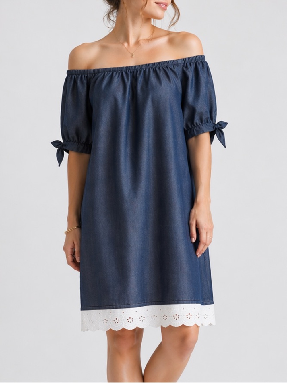 Preloved Toronto Chambray Look Off Shoulder Dress Eyelet Hem Made in Canada S